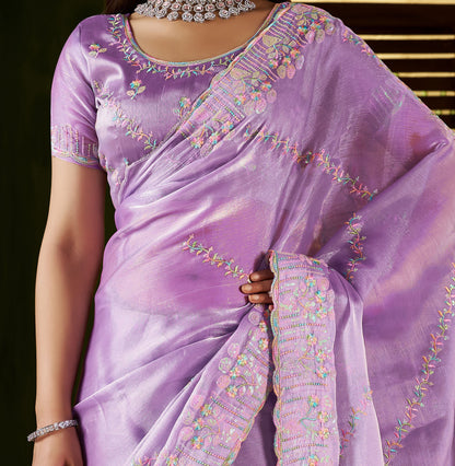 Lavender Jimmy Choo Fabric Saree with Multi Thread Embroidered Work for Women