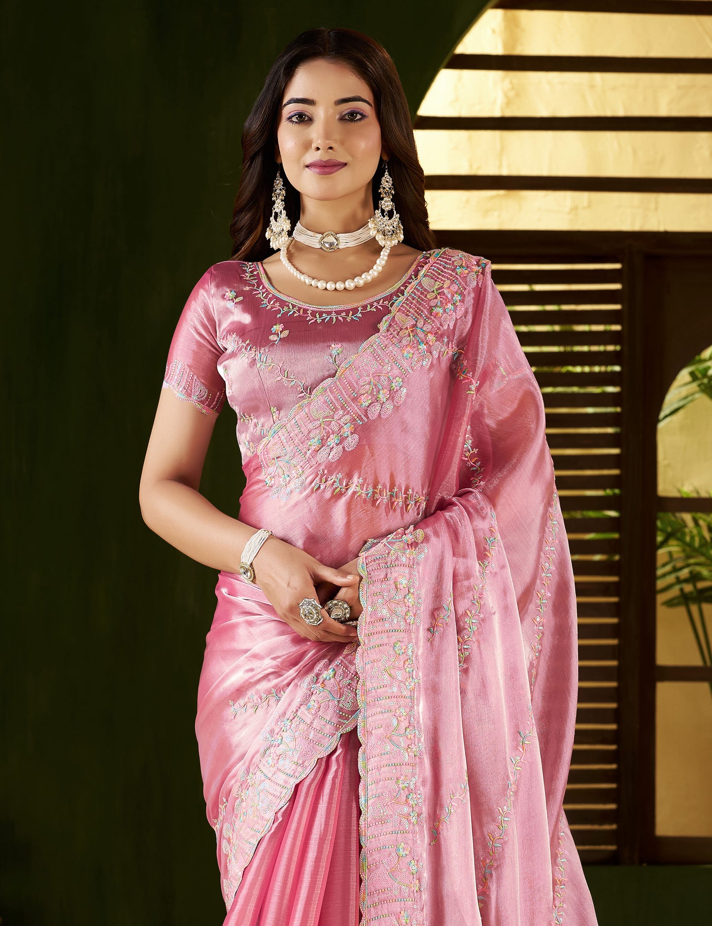 Pink Jimmy Choo Fabric Saree with Multi Thread Embroidered Work for Women
