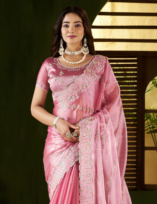 Pink Jimmy Choo Fabric Saree with Multi Thread Embroidered Work for Women