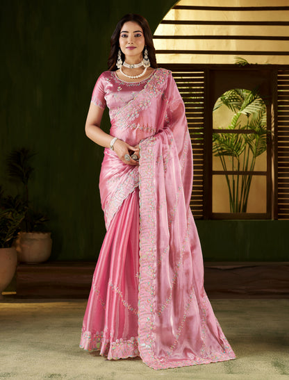 Pink Jimmy Choo Fabric Saree with Multi Thread Embroidered Work for Women