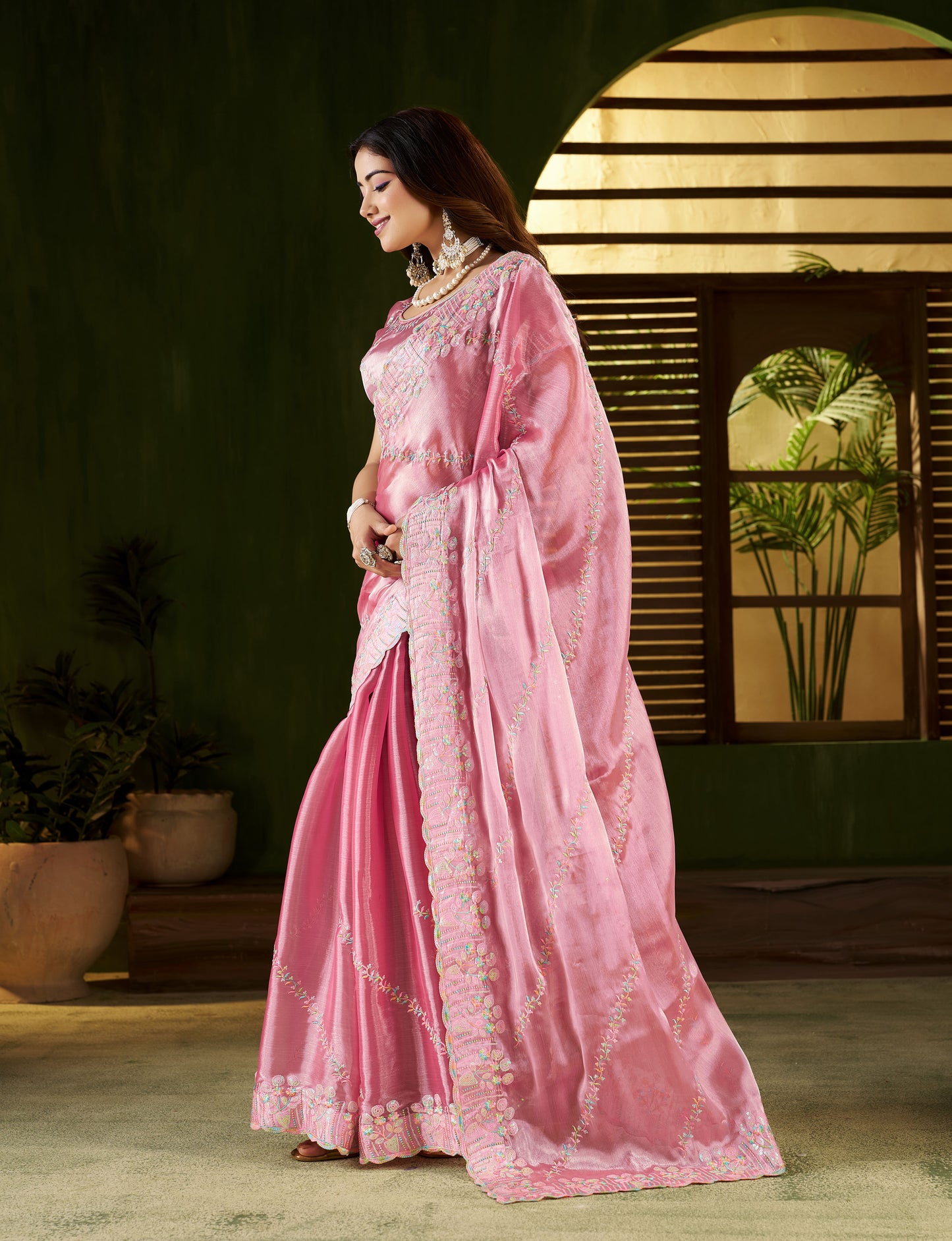 Pink Jimmy Choo Fabric Saree with Multi Thread Embroidered Work for Women