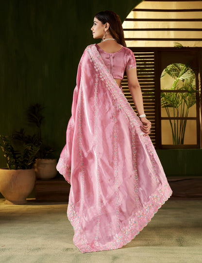 Pink Jimmy Choo Fabric Saree with Multi Thread Embroidered Work for Women