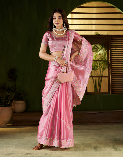 Pink Jimmy Choo Fabric Saree with Multi Thread Embroidered Work for Women