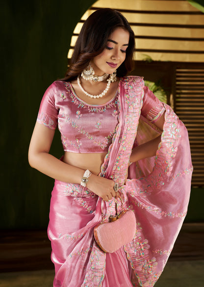 Pink Jimmy Choo Fabric Saree with Multi Thread Embroidered Work for Women