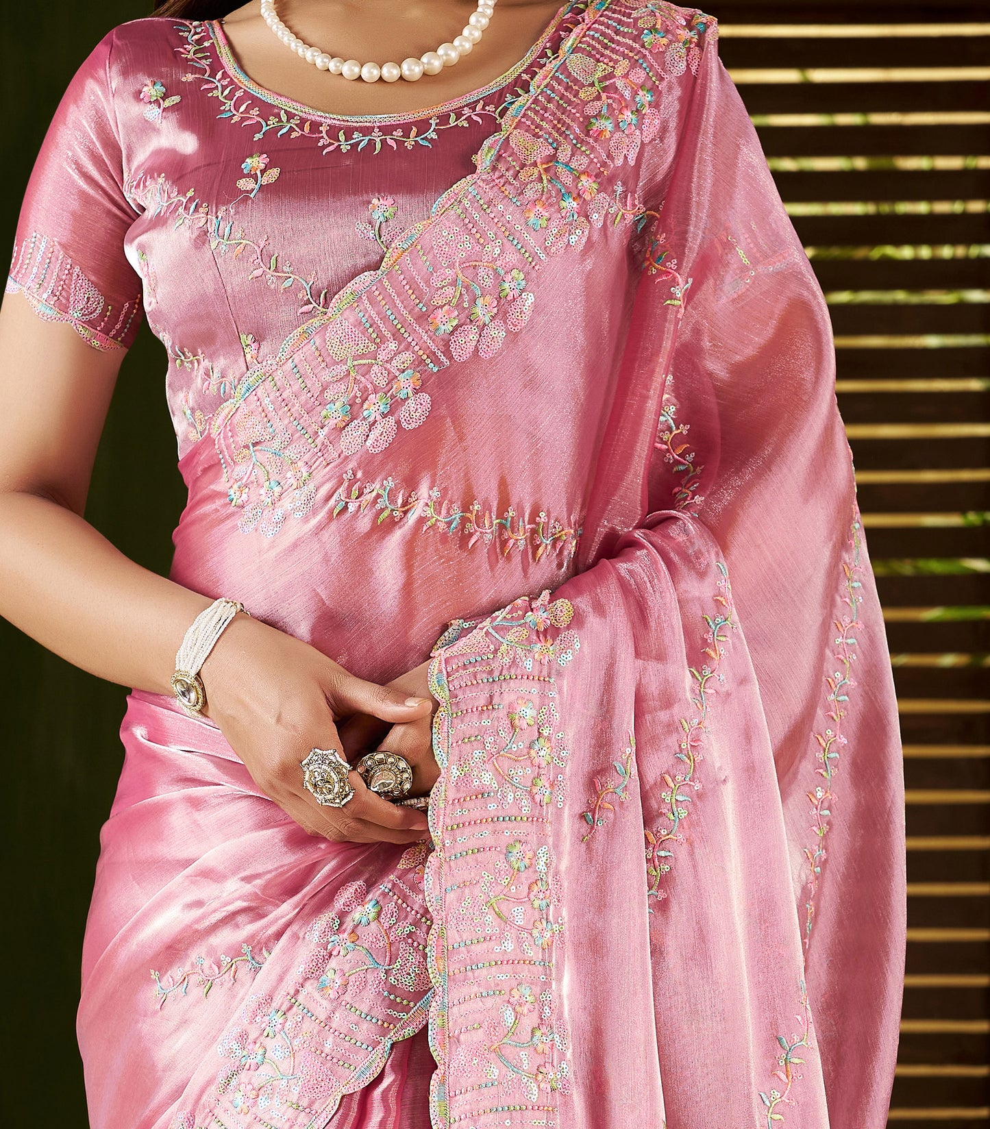 Pink Jimmy Choo Fabric Saree with Multi Thread Embroidered Work for Women