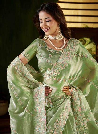 Pistagreen Jimmy Choo Fabric Saree with Multi Thread Embroidered Work for Women