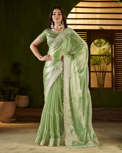 Pistagreen Jimmy Choo Fabric Saree with Multi Thread Embroidered Work for Women