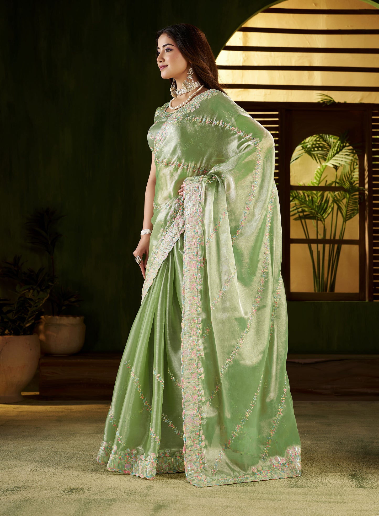 Pistagreen Jimmy Choo Fabric Saree with Multi Thread Embroidered Work for Women