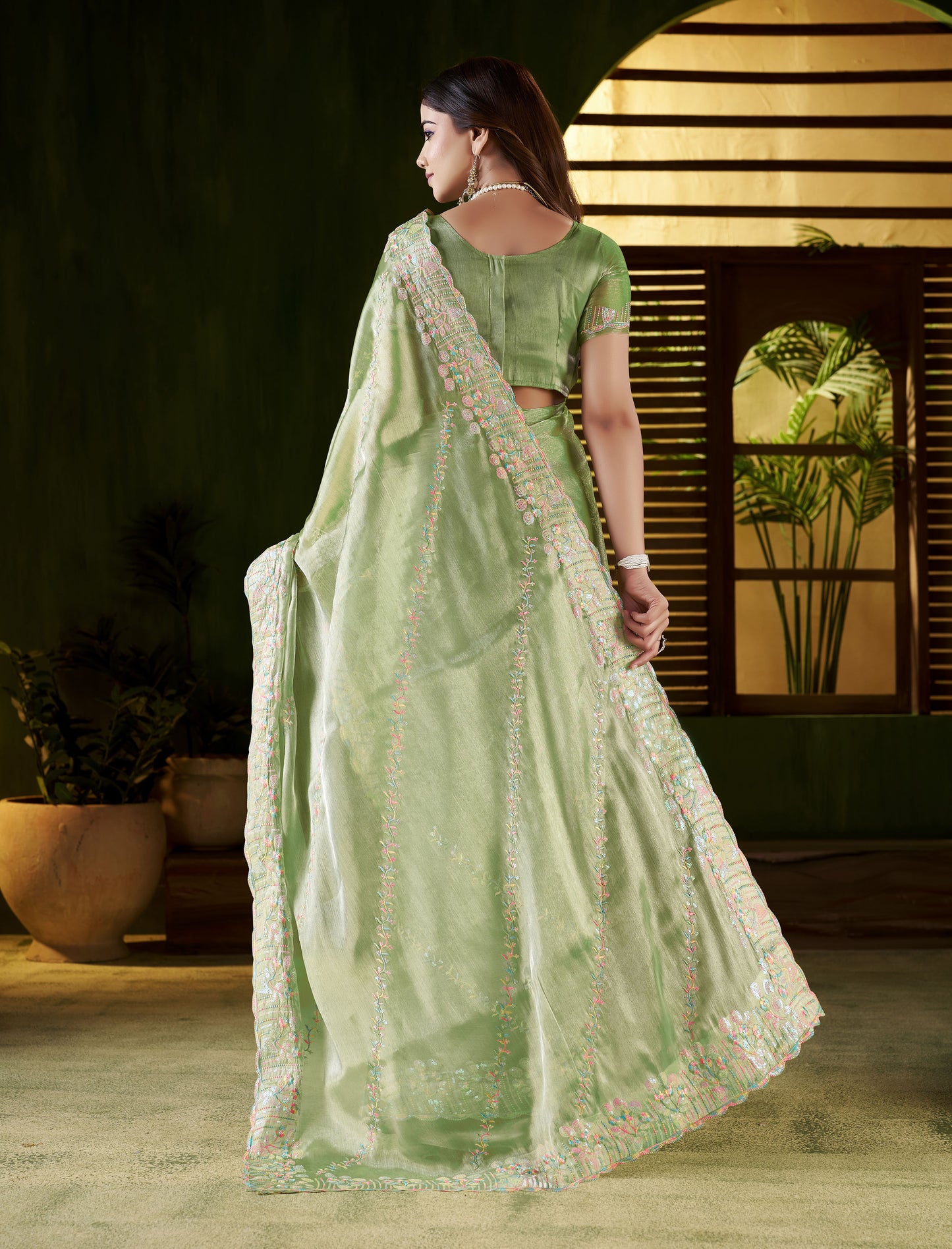 Pistagreen Jimmy Choo Fabric Saree with Multi Thread Embroidered Work for Women