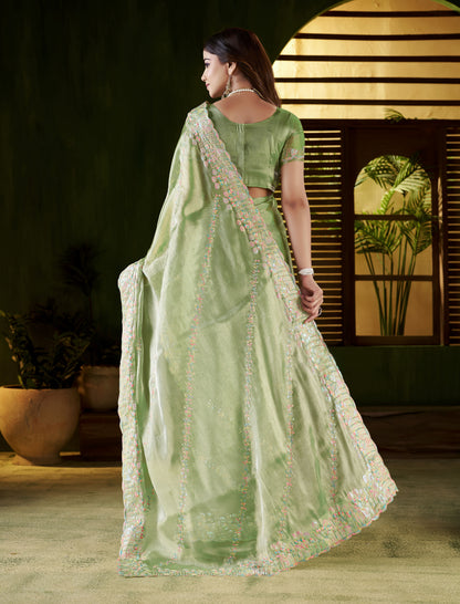 Pistagreen Jimmy Choo Fabric Saree with Multi Thread Embroidered Work for Women
