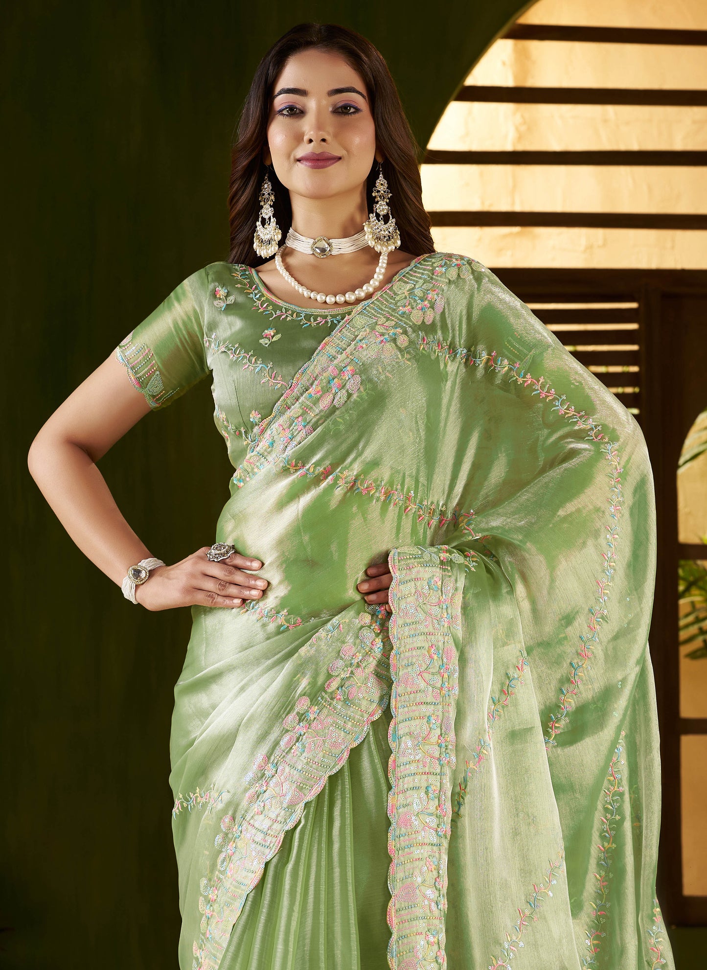 Pistagreen Jimmy Choo Fabric Saree with Multi Thread Embroidered Work for Women