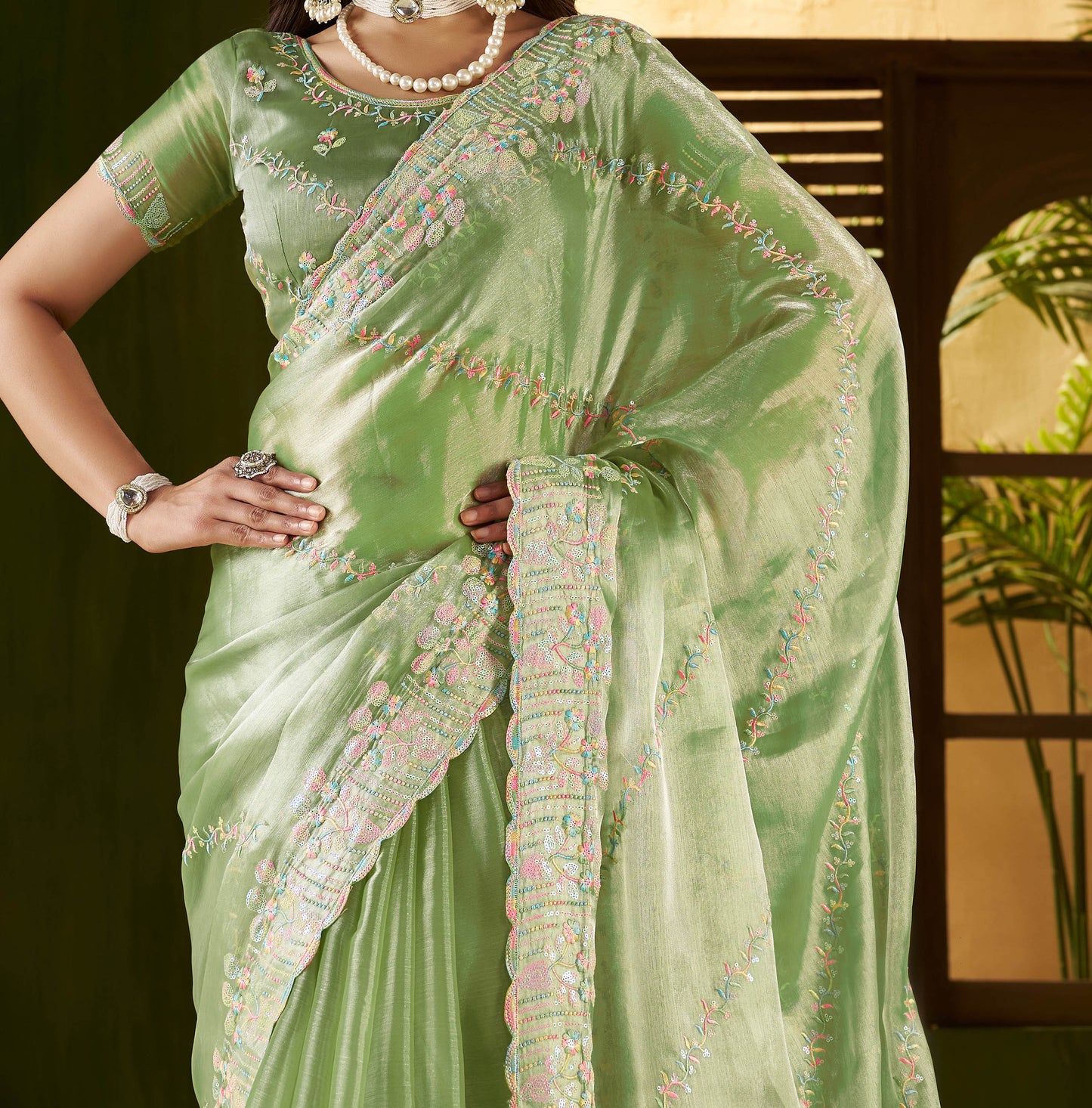 Pistagreen Jimmy Choo Fabric Saree with Multi Thread Embroidered Work for Women