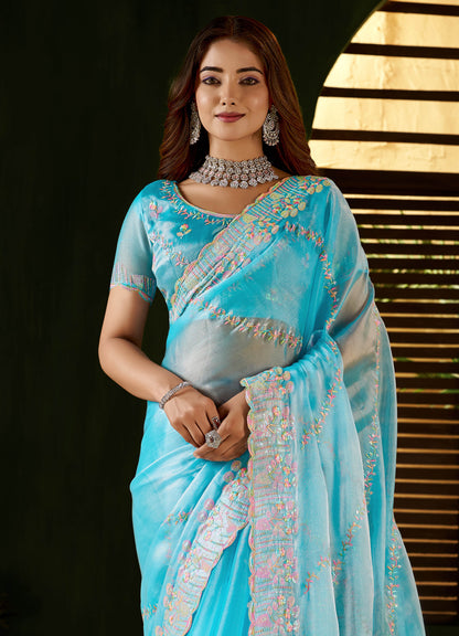 Skyblue Jimmy Choo Fabric Saree with Multi Thread Embroidered Work for Women