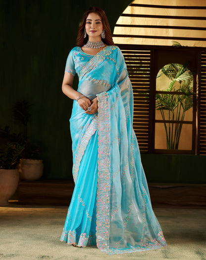 Skyblue Jimmy Choo Fabric Saree with Multi Thread Embroidered Work for Women