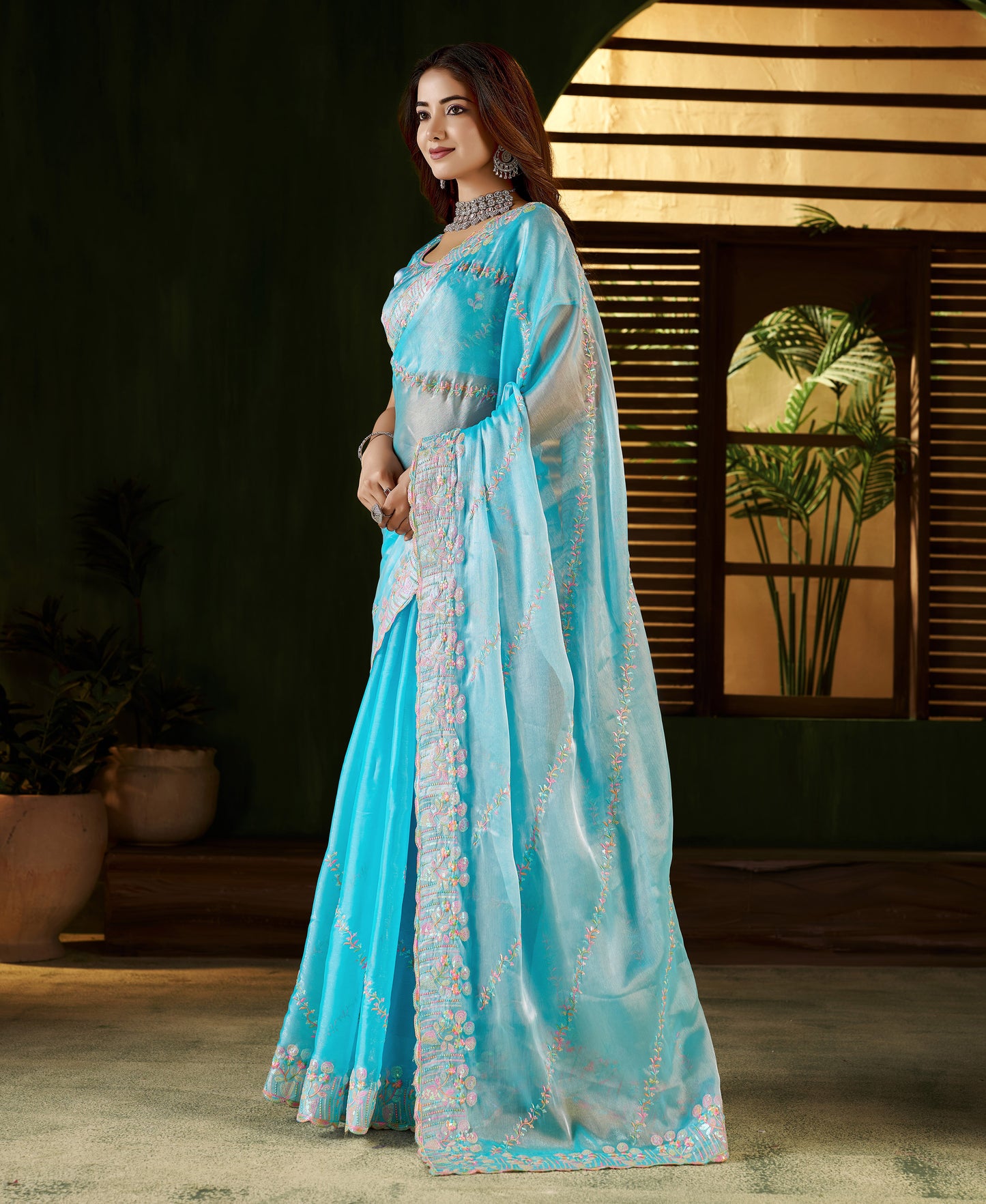 Skyblue Jimmy Choo Fabric Saree with Multi Thread Embroidered Work for Women