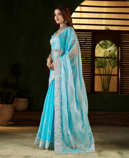 Skyblue Jimmy Choo Fabric Saree with Multi Thread Embroidered Work for Women
