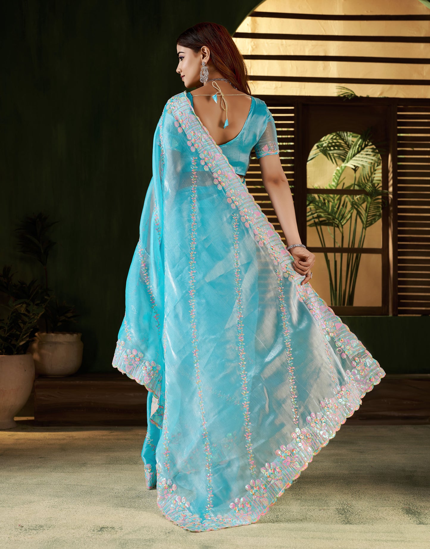 Skyblue Jimmy Choo Fabric Saree with Multi Thread Embroidered Work for Women