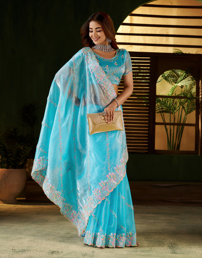 Skyblue Jimmy Choo Fabric Saree with Multi Thread Embroidered Work for Women
