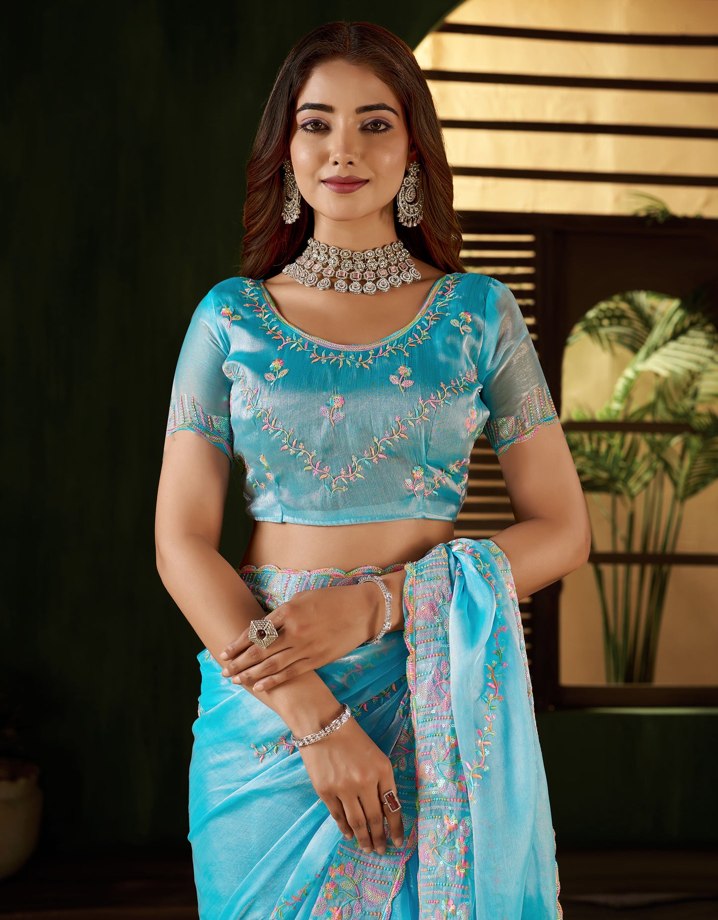 Skyblue Jimmy Choo Fabric Saree with Multi Thread Embroidered Work for Women
