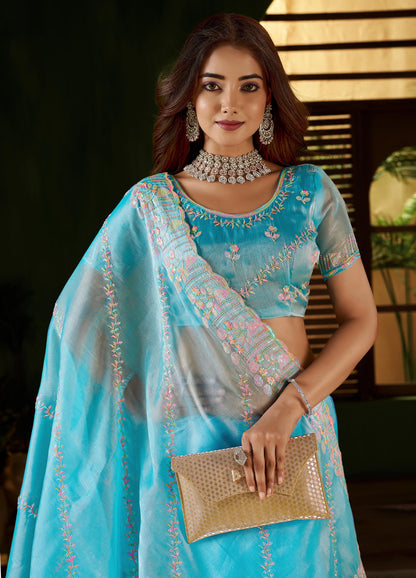 Skyblue Jimmy Choo Fabric Saree with Multi Thread Embroidered Work for Women