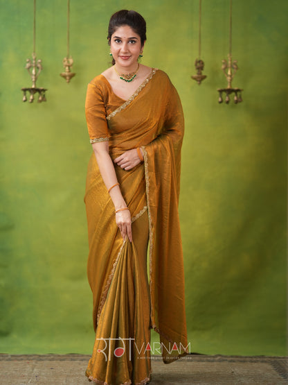 Raag Varnam Zimmy Choo Fandy Silk Saree With Hand Work Lace Border & Comes With Unstitched Blouse Piece