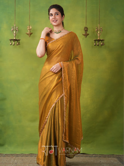 Raag Varnam Zimmy Choo Fandy Silk Saree With Hand Work Lace Border & Comes With Unstitched Blouse Piece