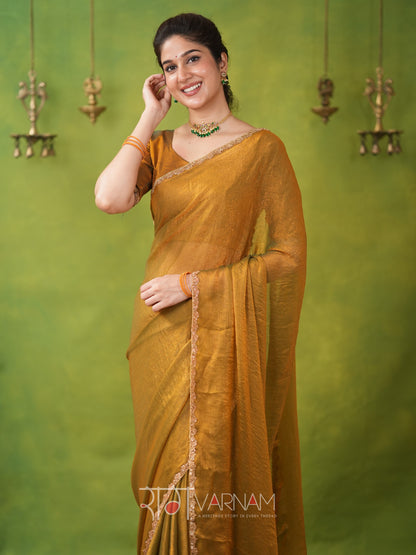 Raag Varnam Zimmy Choo Fandy Silk Saree With Hand Work Lace Border & Comes With Unstitched Blouse Piece