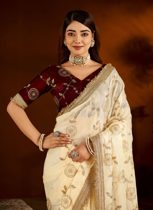 Beige Color Satin Silk Saree with Maroon Blouse Heavy Embroidered Work