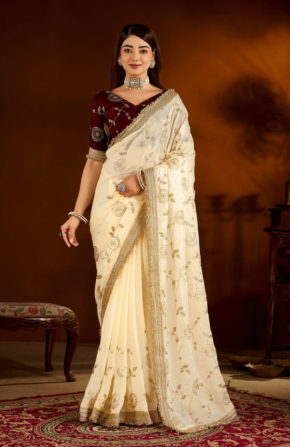 Beige Color Satin Silk Saree with Maroon Blouse Heavy Embroidered Work