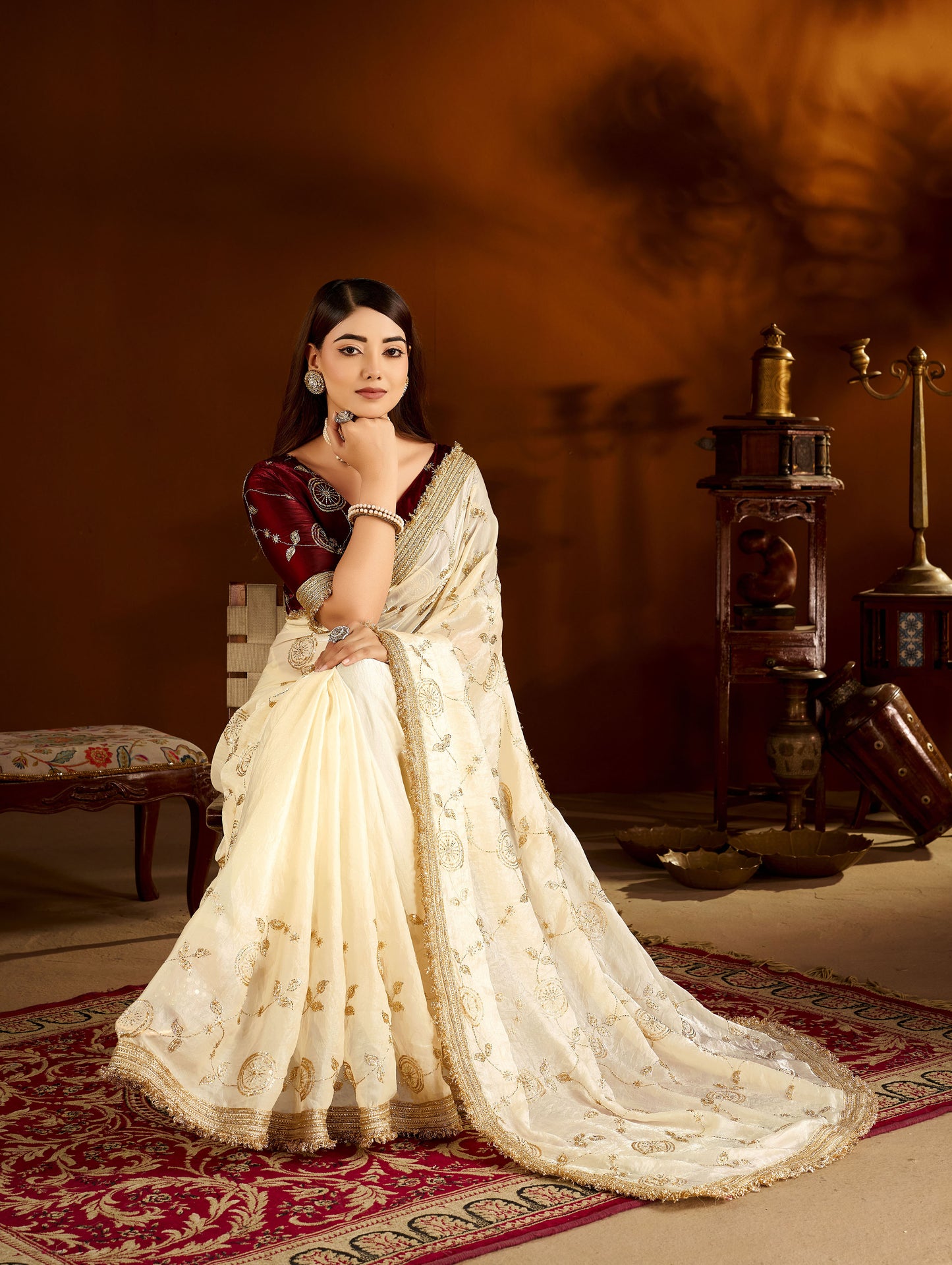 Beige Color Satin Silk Saree with Maroon Blouse Heavy Embroidered Work
