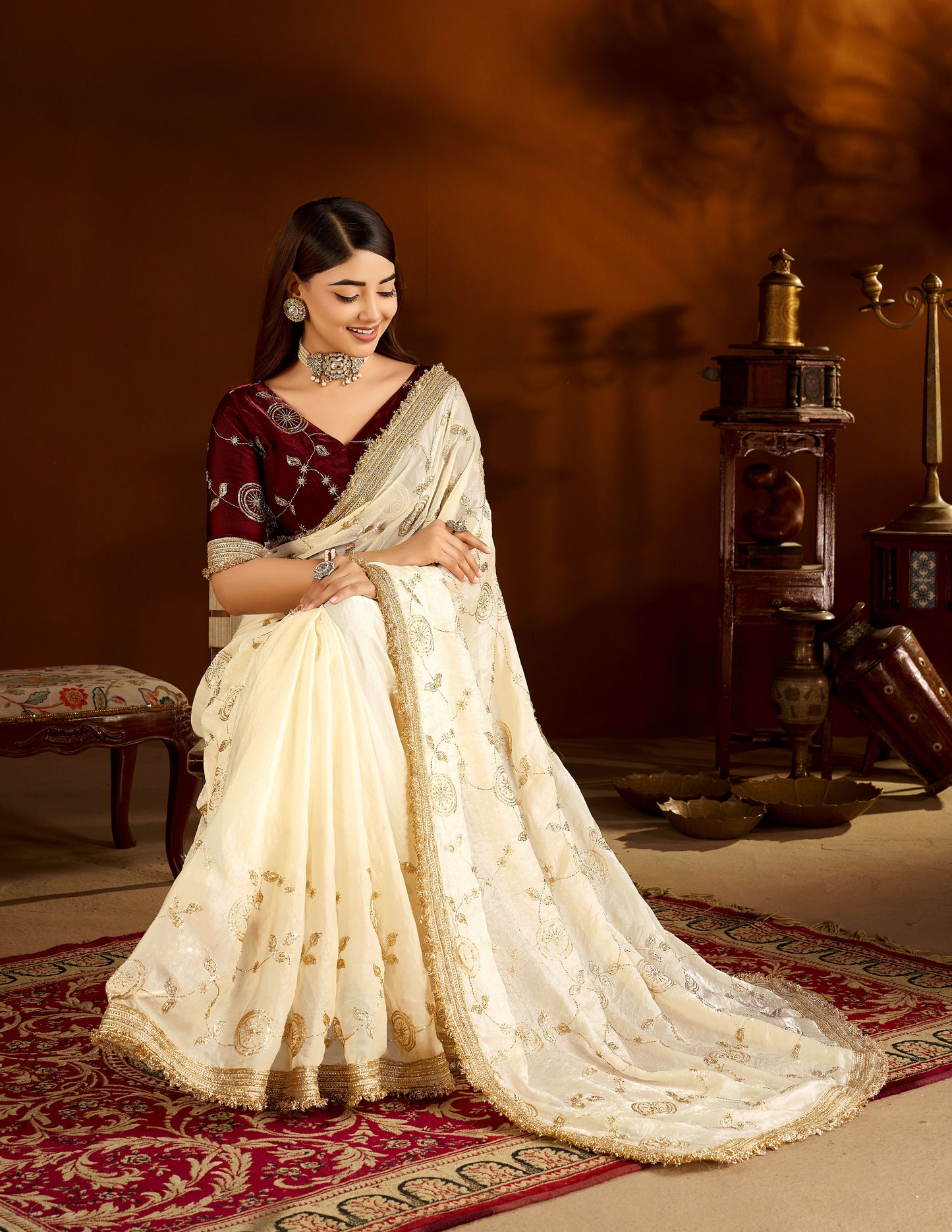Beige Color Satin Silk Saree with Maroon Blouse Heavy Embroidered Work