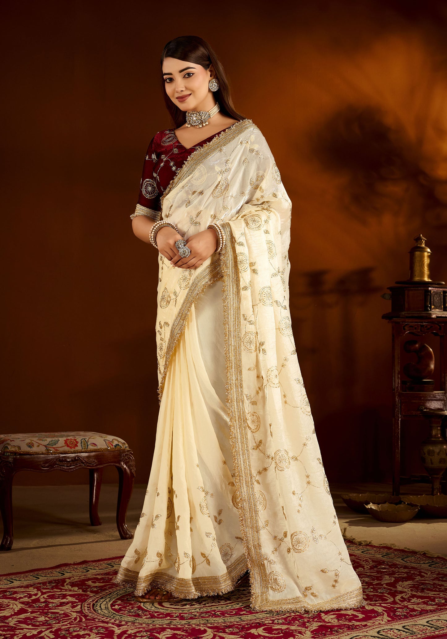 Beige Color Satin Silk Saree with Maroon Blouse Heavy Embroidered Work