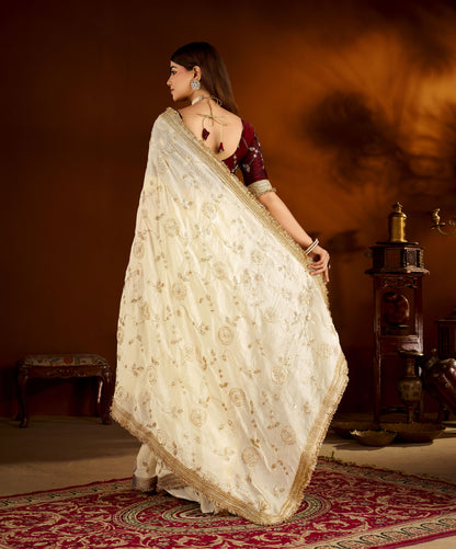 Beige Color Satin Silk Saree with Maroon Blouse Heavy Embroidered Work