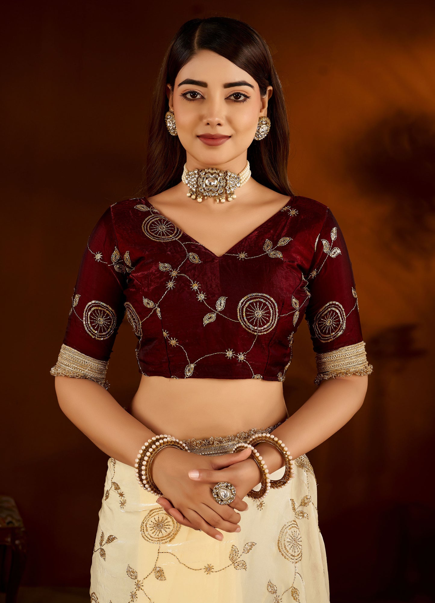 Beige Color Satin Silk Saree with Maroon Blouse Heavy Embroidered Work