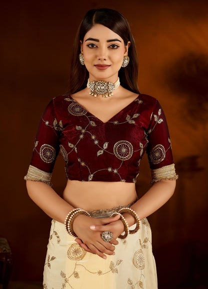 Beige Color Satin Silk Saree with Maroon Blouse Heavy Embroidered Work