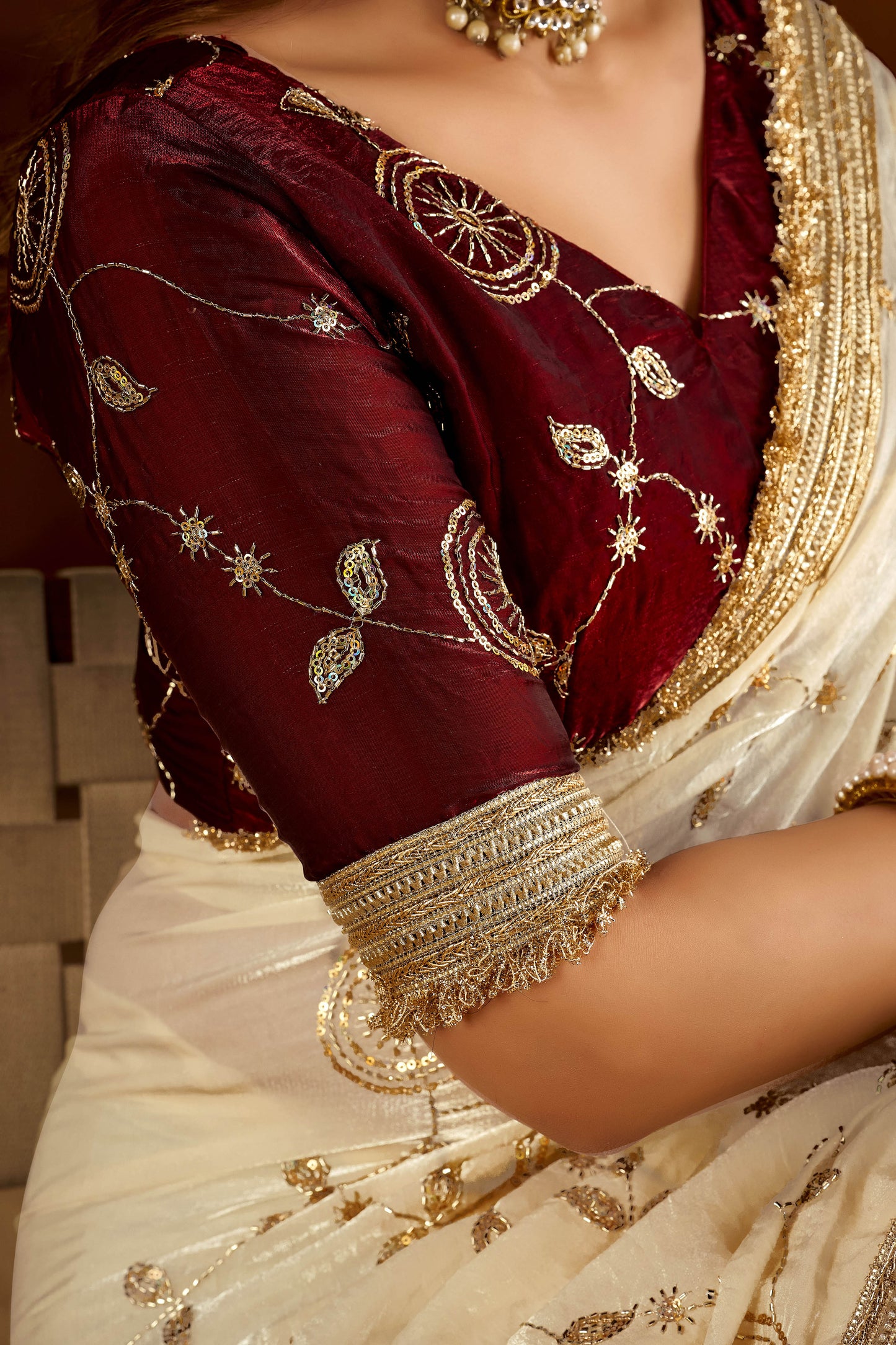Beige Color Satin Silk Saree with Maroon Blouse Heavy Embroidered Work