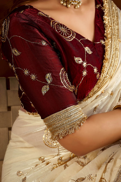 Beige Color Satin Silk Saree with Maroon Blouse Heavy Embroidered Work