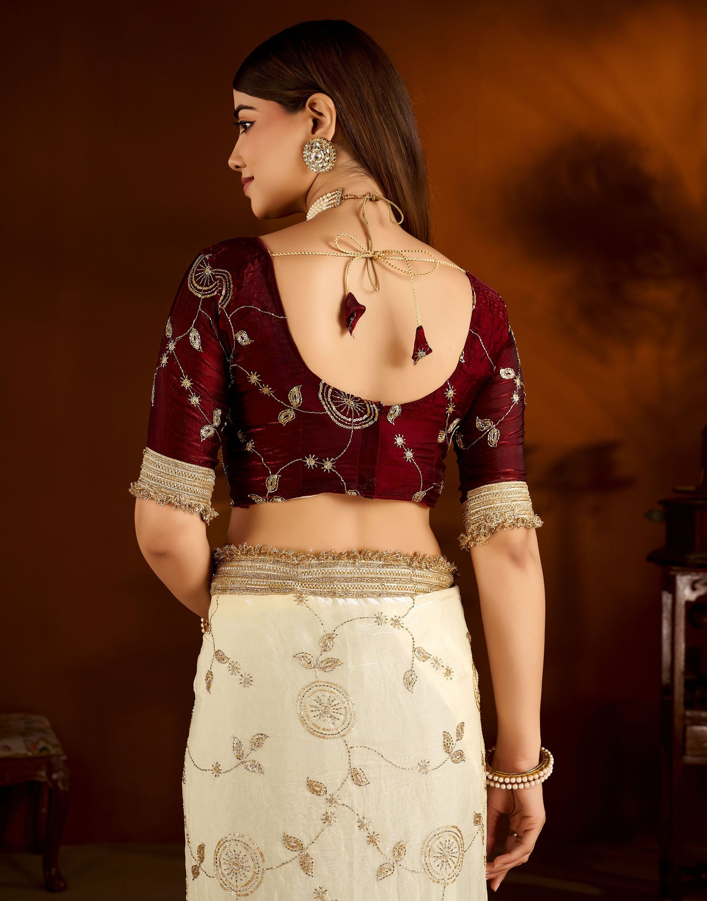 Beige Color Satin Silk Saree with Maroon Blouse Heavy Embroidered Work