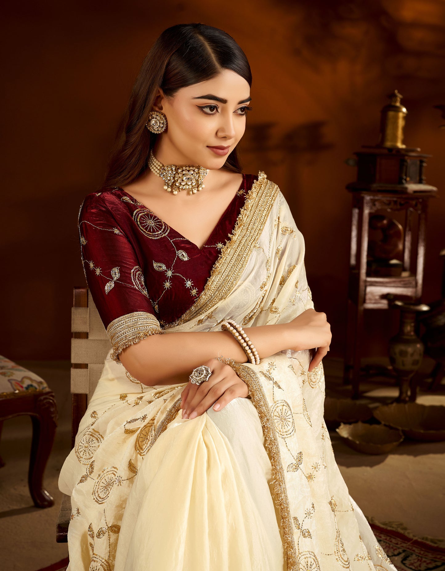 Beige Color Satin Silk Saree with Maroon Blouse Heavy Embroidered Work