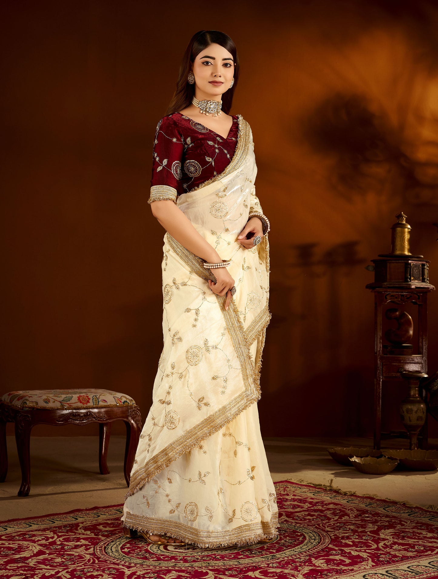 Beige Color Satin Silk Saree with Maroon Blouse Heavy Embroidered Work