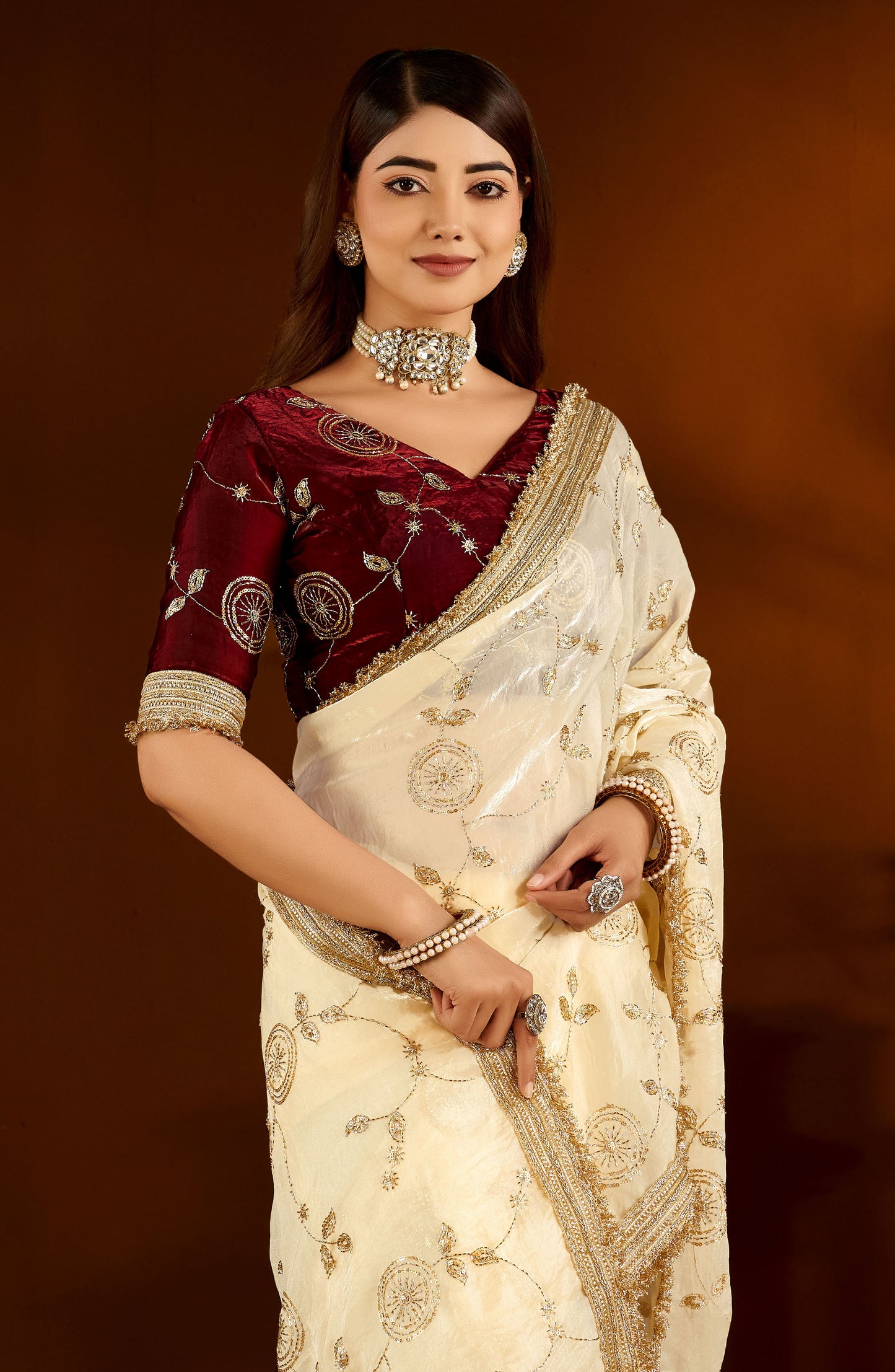 Beige Color Satin Silk Saree with Maroon Blouse Heavy Embroidered Work