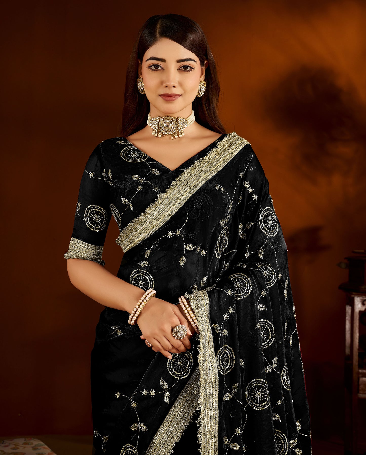 Black Satin Silk Saree with Heavy Embroidered Work
