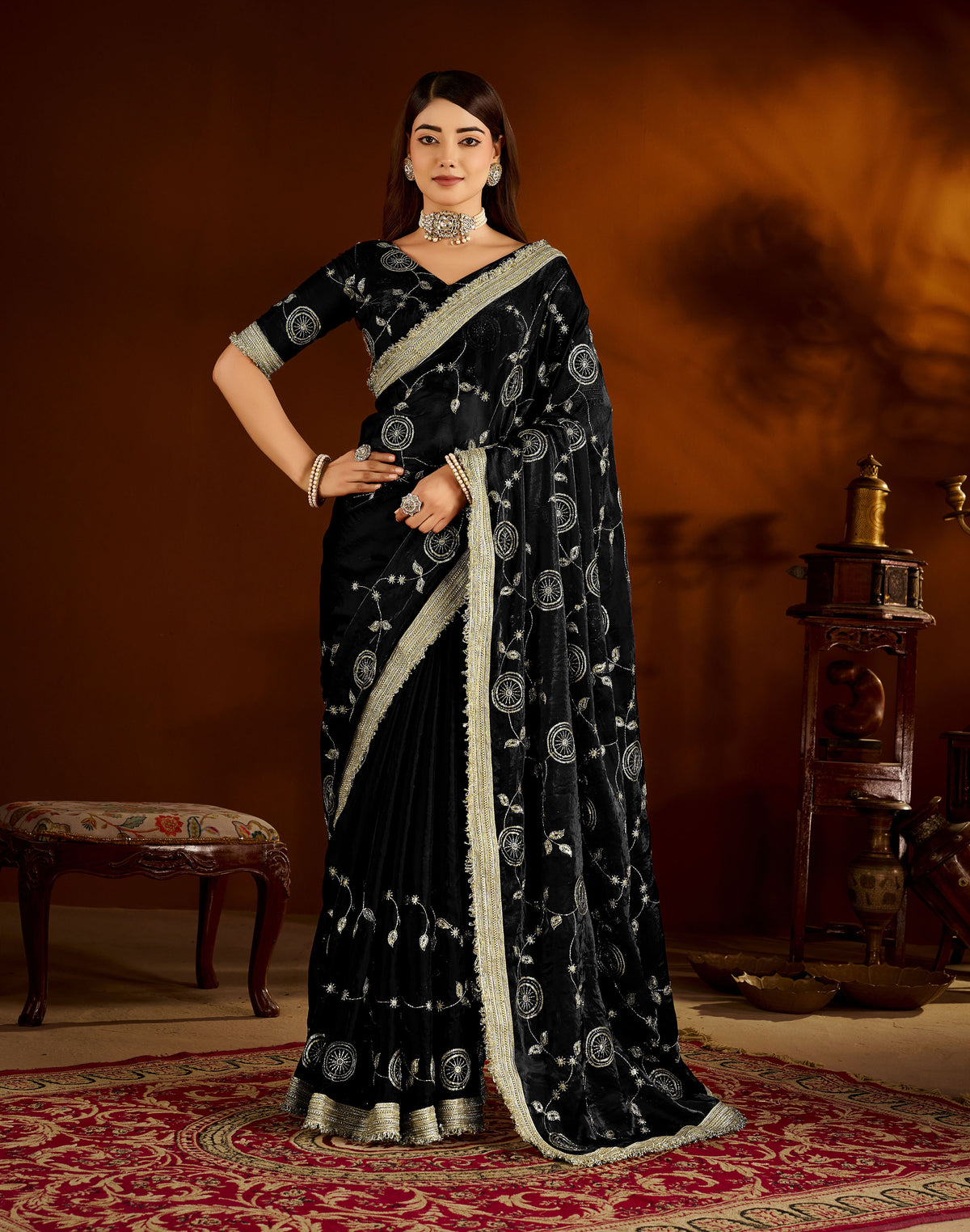 Black Satin Silk Saree with Heavy Embroidered Work