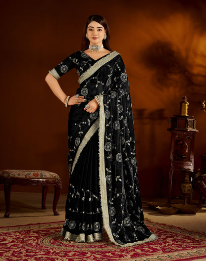 Black Satin Silk Saree with Heavy Embroidered Work