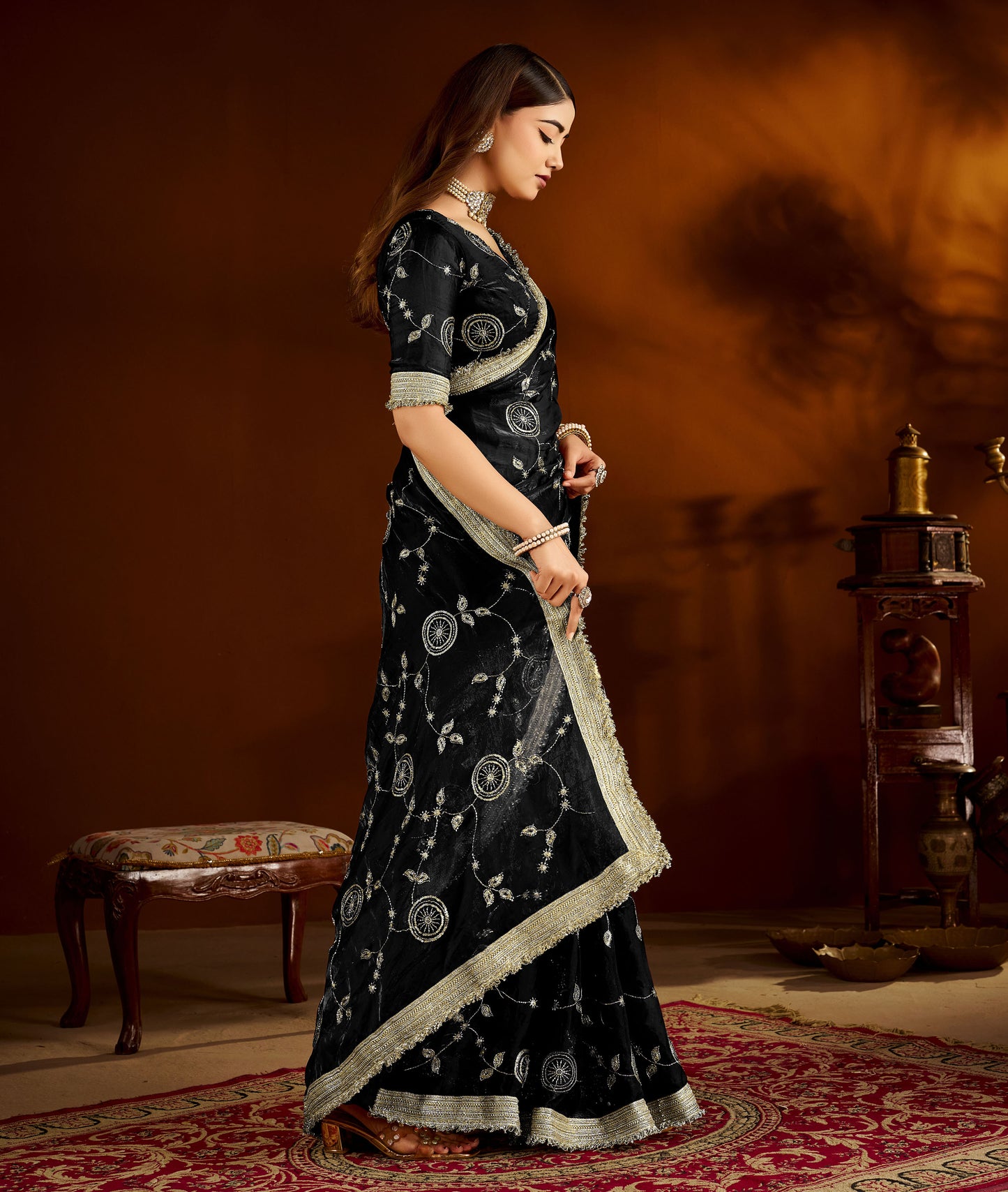 Black Satin Silk Saree with Heavy Embroidered Work