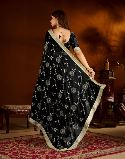 Black Satin Silk Saree with Heavy Embroidered Work