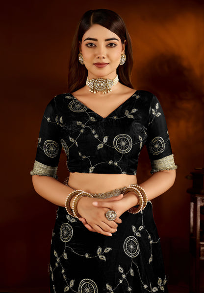 Black Satin Silk Saree with Heavy Embroidered Work