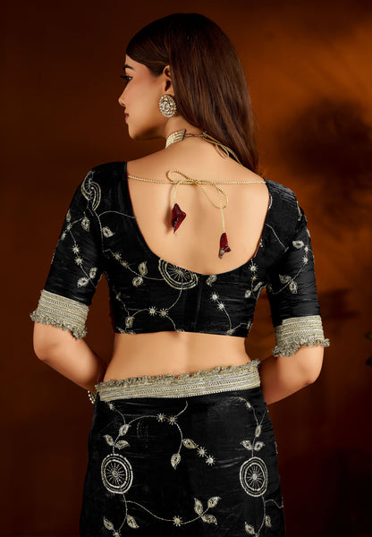 Black Satin Silk Saree with Heavy Embroidered Work