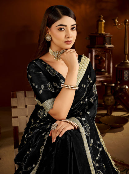 Black Satin Silk Saree with Heavy Embroidered Work