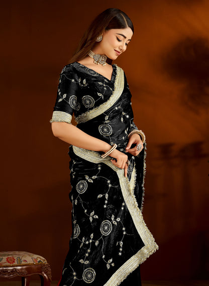 Black Satin Silk Saree with Heavy Embroidered Work